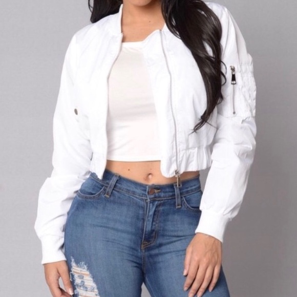 white cropped bomber jacket